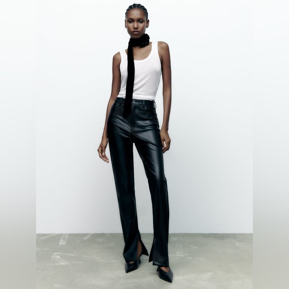 ZARA FAUX LEATHER SLIM FLARE TROUSERS WITH SLITS